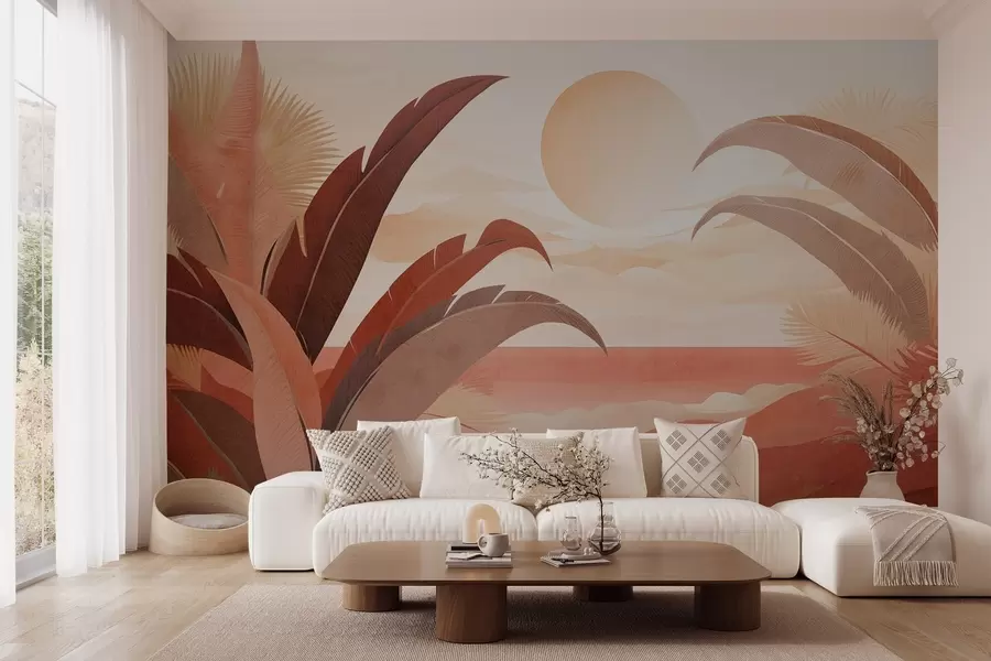 murales Paisaje abstracto de textura tropical con hojas de palmera y un gran sol en el cielo, paleta de colores cálidos, estilo minimalista, estilizado w09296
