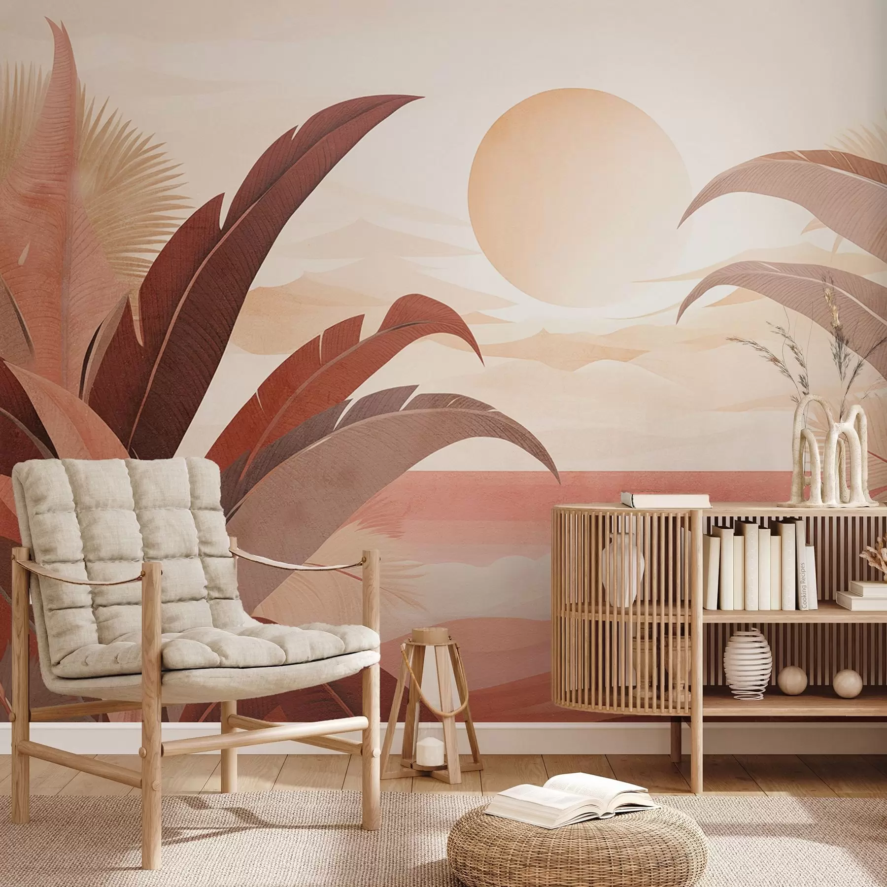 peintures murales Paysage abstrait tropical texturé avec des feuilles de palmier et un grand soleil dans le ciel, palette de couleurs chaudes, style minimaliste, stylisé w09296