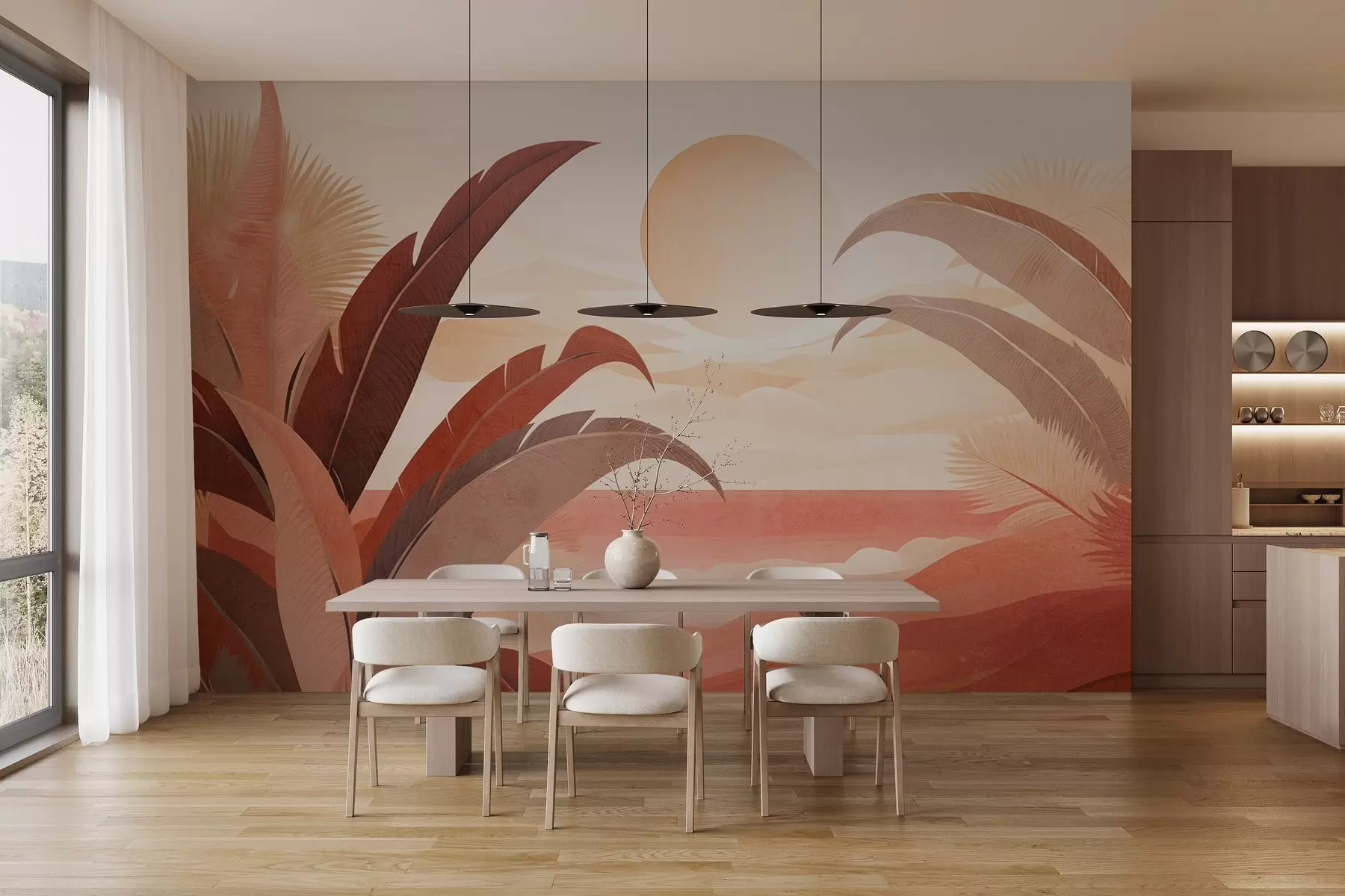 peintures murales Paysage abstrait tropical texturé avec des feuilles de palmier et un grand soleil dans le ciel, palette de couleurs chaudes, style minimaliste, stylisé w09296