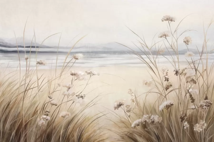 peintures murales Un champ de blé avec des fleurs blanches au premier plan, une plage et l'océan à l'arrière-plan, des couleurs neutres et pastel w09298