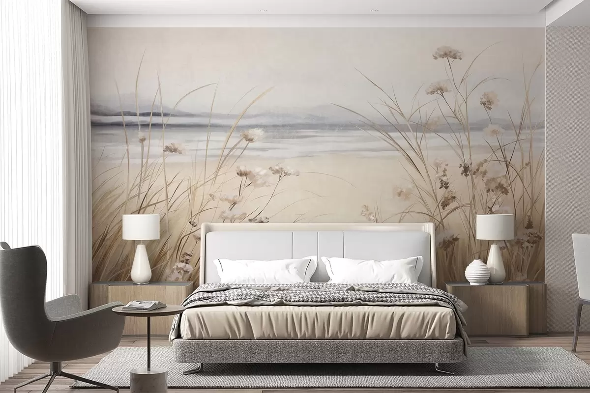wall murals A field of wheat with white flowers in the foreground, a beach and the ocean in the background, neutral pastel muted colors w09298