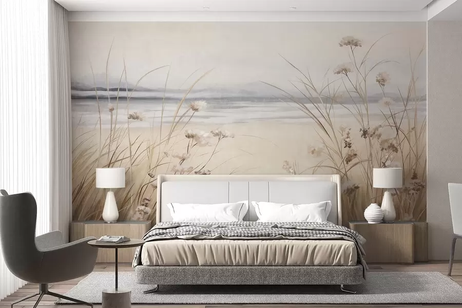 murales A field of wheat with white flowers in the foreground, a beach and the ocean in the background, neutral pastel muted colors w09298