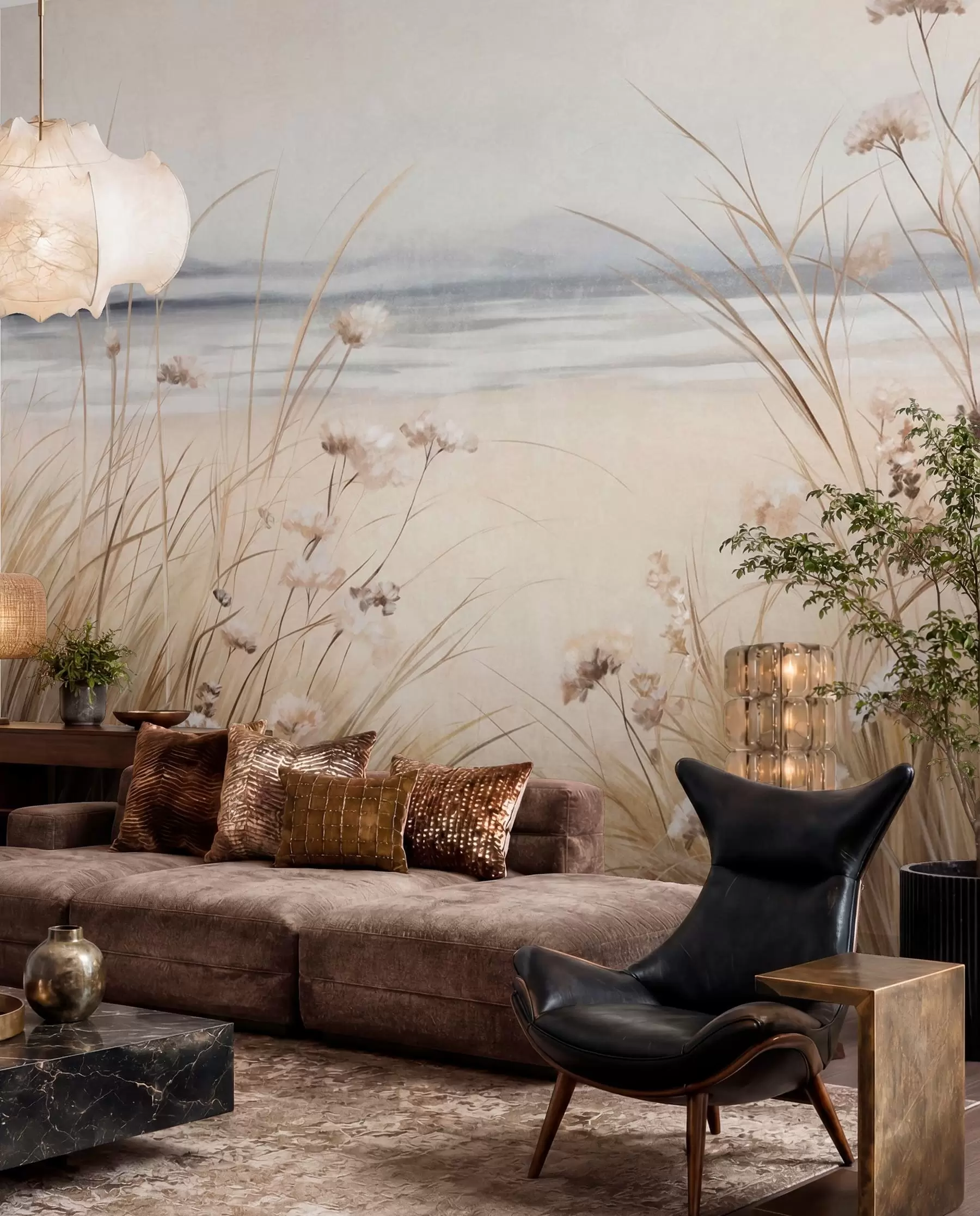 Wall Mural Photo Wallpaper A field of wheat with white flowers in the foreground, a beach and the ocean in the background, neutral pastel muted colors w09298