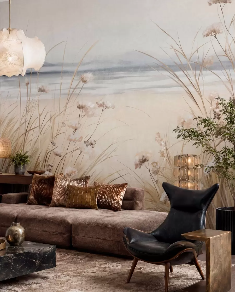 wall murals A field of wheat with white flowers in the foreground, a beach and the ocean in the background, neutral pastel muted colors w09298