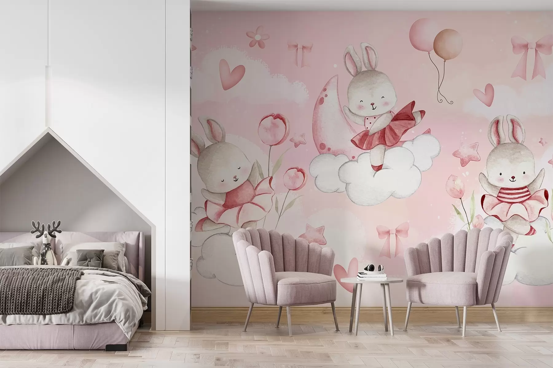 peintures murales Lapins en robes de ballet roses sur des nuages w04333