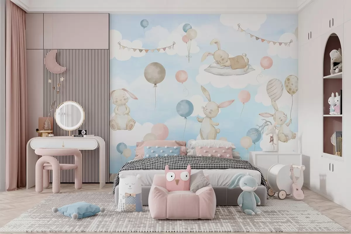murales Conejos con globos sobre nubes w04337