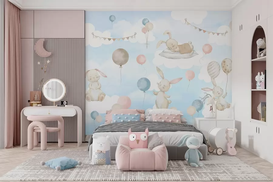 Wall Mural Photo Wallpaper Rabbits with balloons on clouds w04337