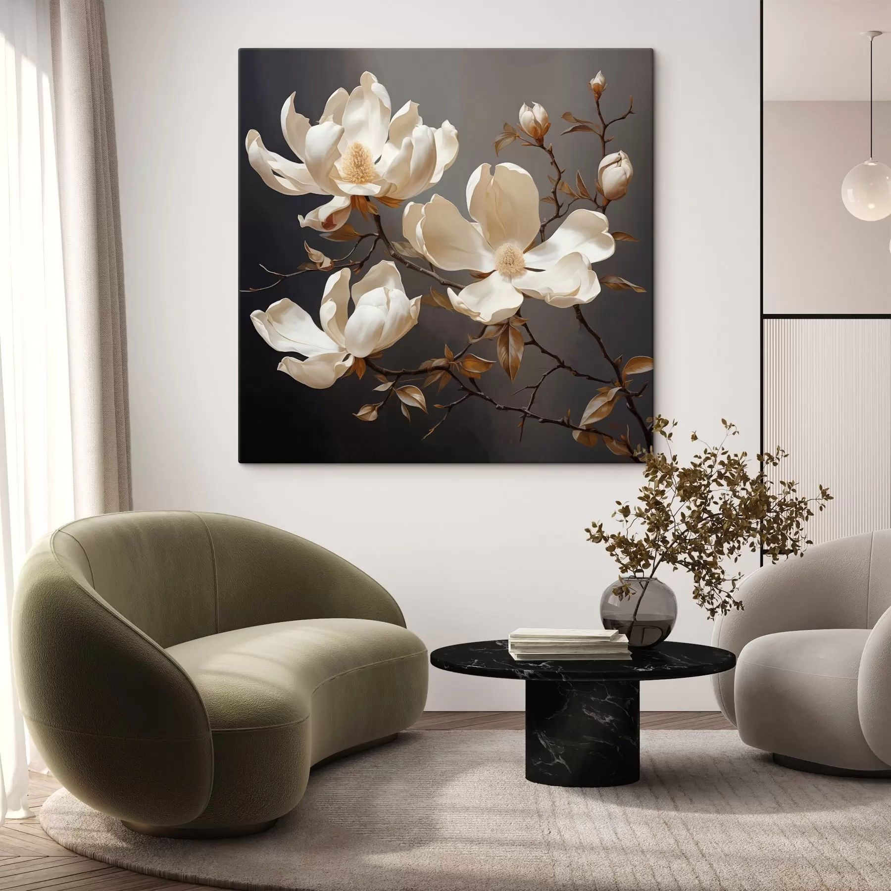 murales Magnolias blancas sobre fondo oscuro en estilo pictórico s45038