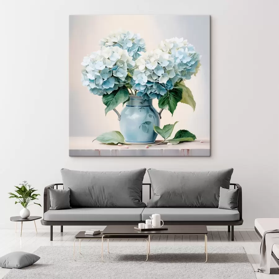 murales Hortensias frescas en un jarrón azul sobre fondo claro s45043