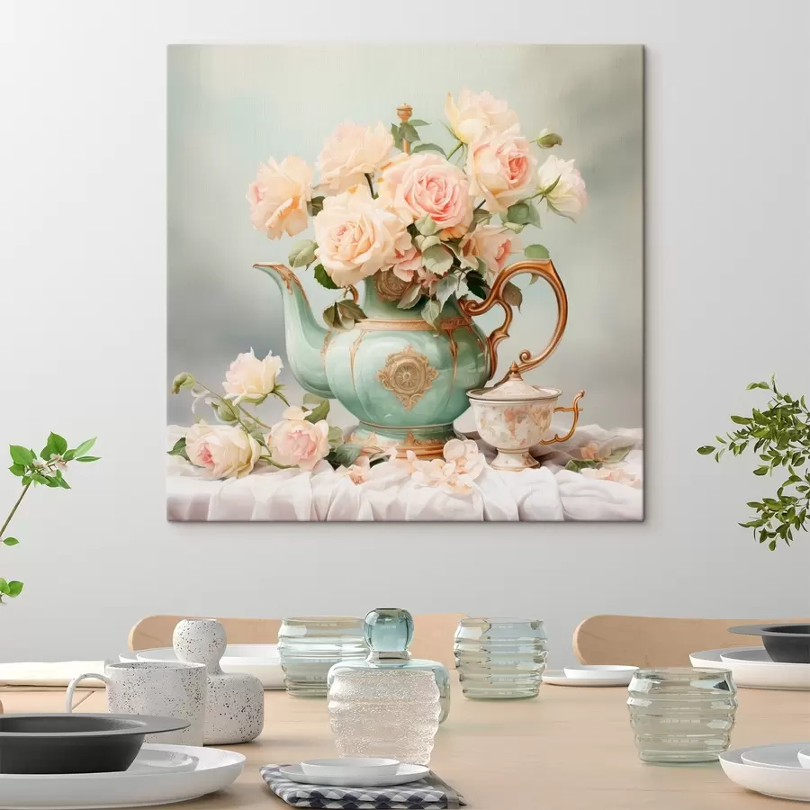 wall murals Still life with delicate roses in a tea set s45045