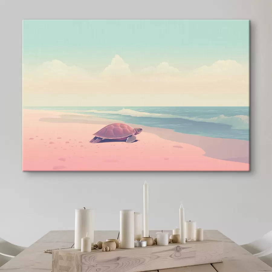 wall murals Sea turtle on a pink beach: minimalist landscape s45059