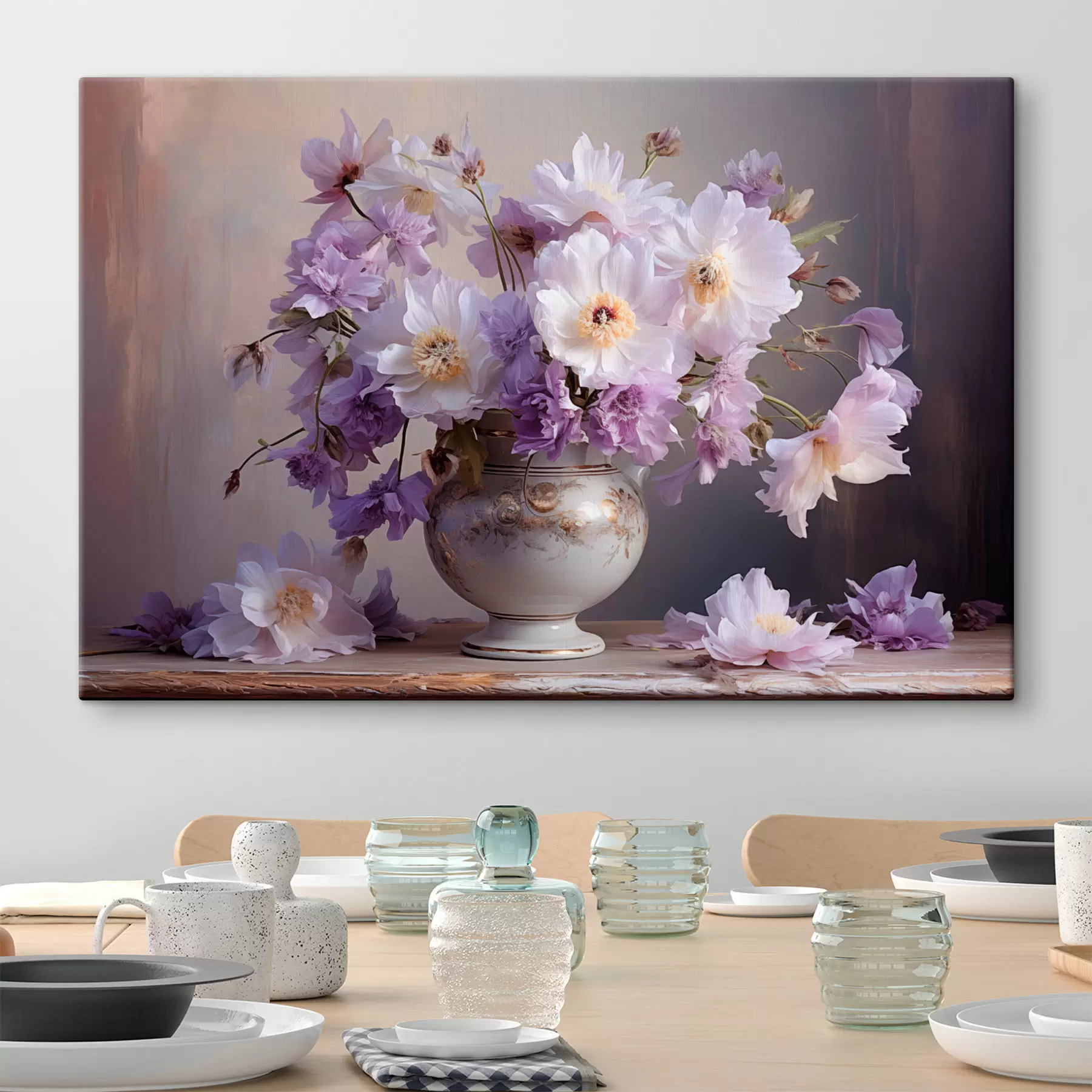 murales Naturaleza muerta floral: flores blancas y moradas en estilo artístico s45058