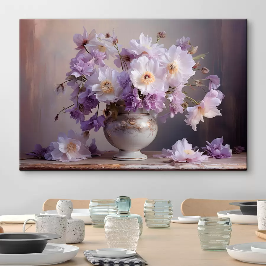 murales Naturaleza muerta floral: flores blancas y moradas en estilo artístico s45058