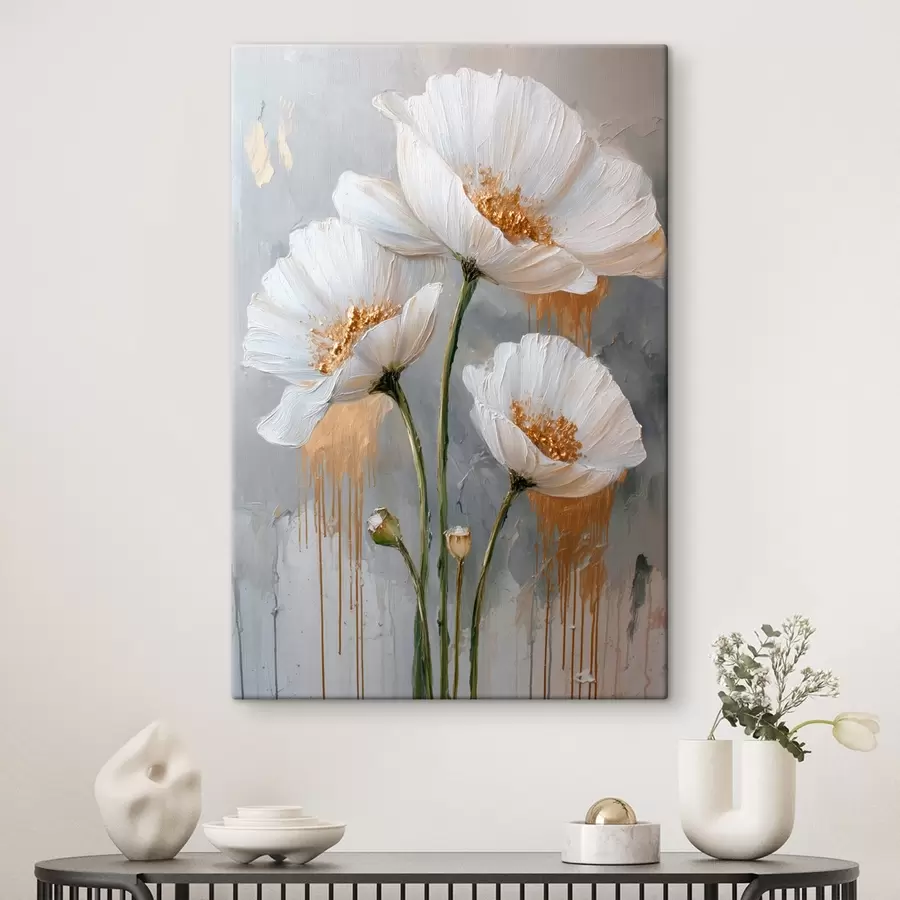 murales Margaritas blancas: pintura volumétrica sobre fondo azul s45240