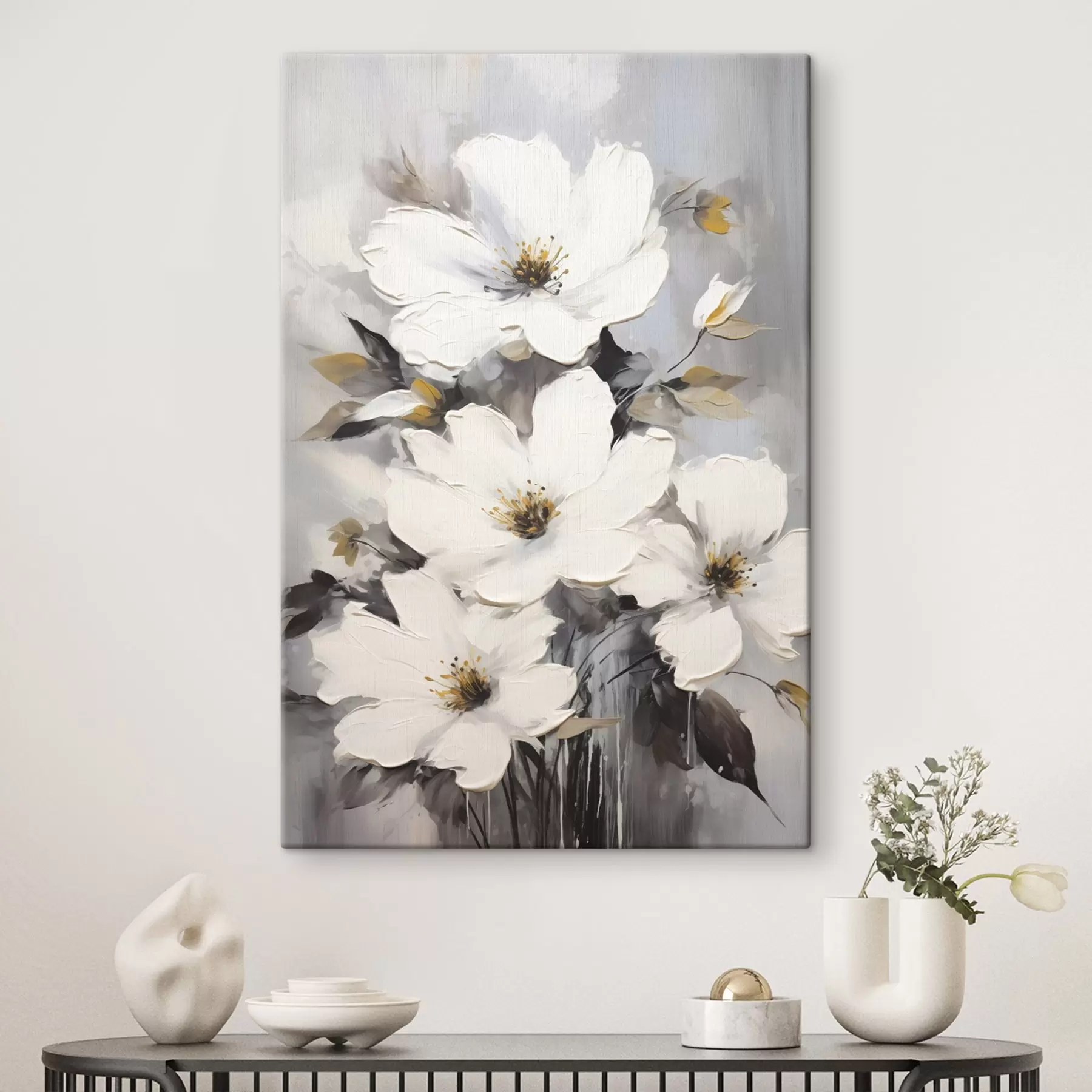 wall murals White flowers: volumetric painting on a grey background s45252
