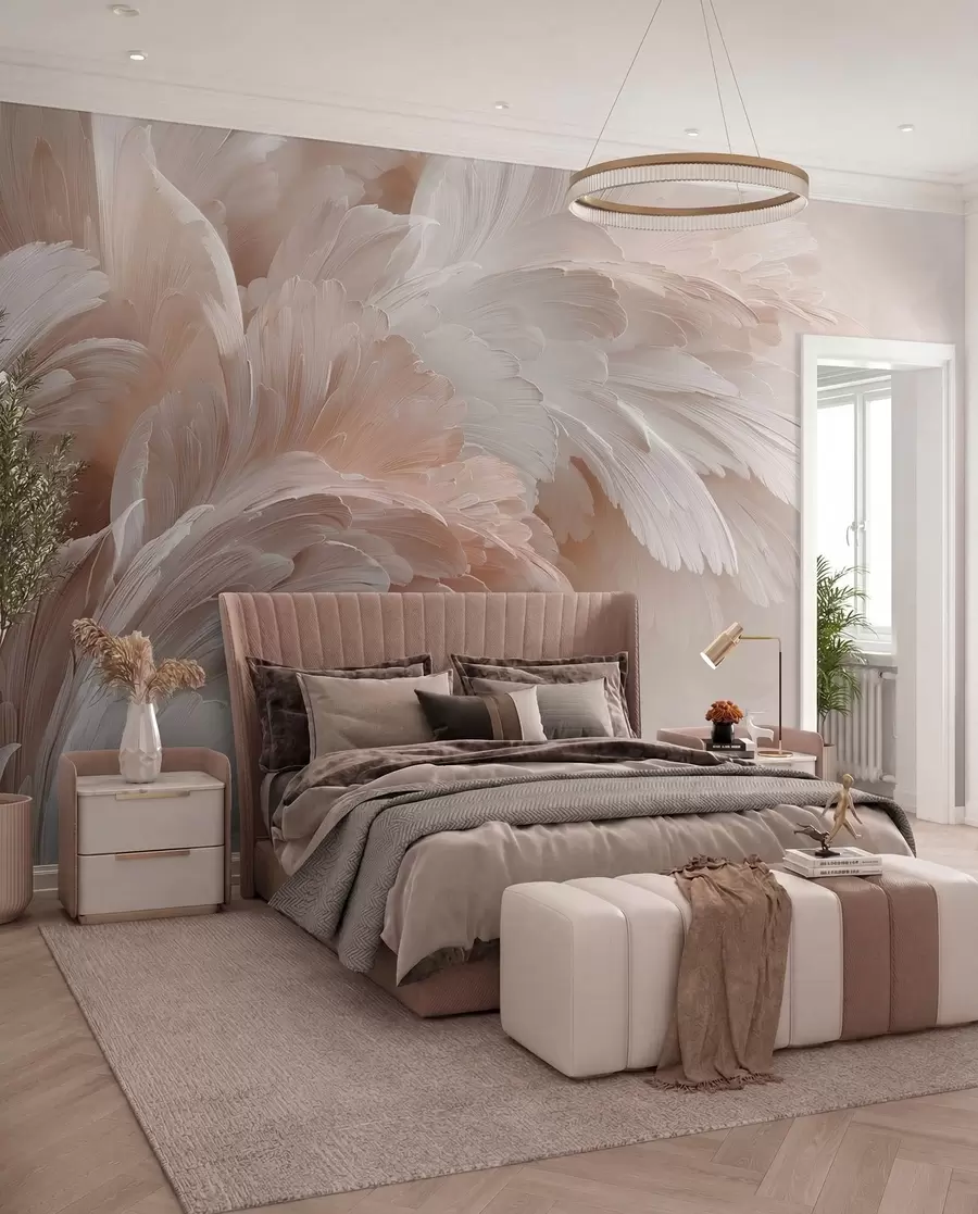 wall murals Airy feathers and petals in creamy pink shades w09301
