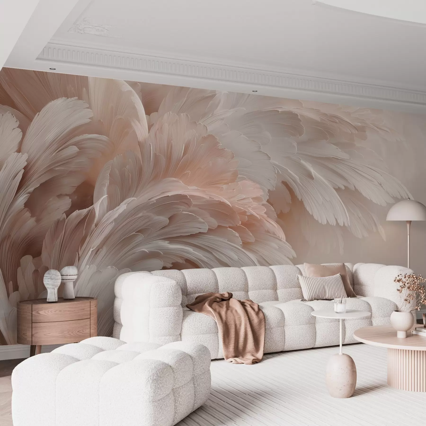 Wall Mural Photo Wallpaper Airy feathers and petals in creamy pink shades w09301