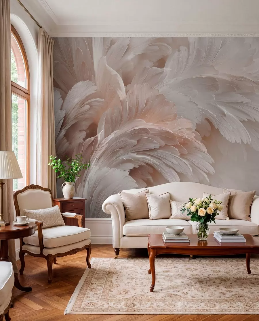 peintures murales Plumes et pétales aériens dans des tons rose crème w09301