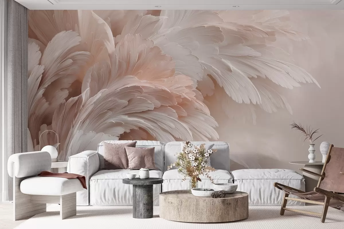 Wall Mural Photo Wallpaper Airy feathers and petals in creamy pink shades w09301