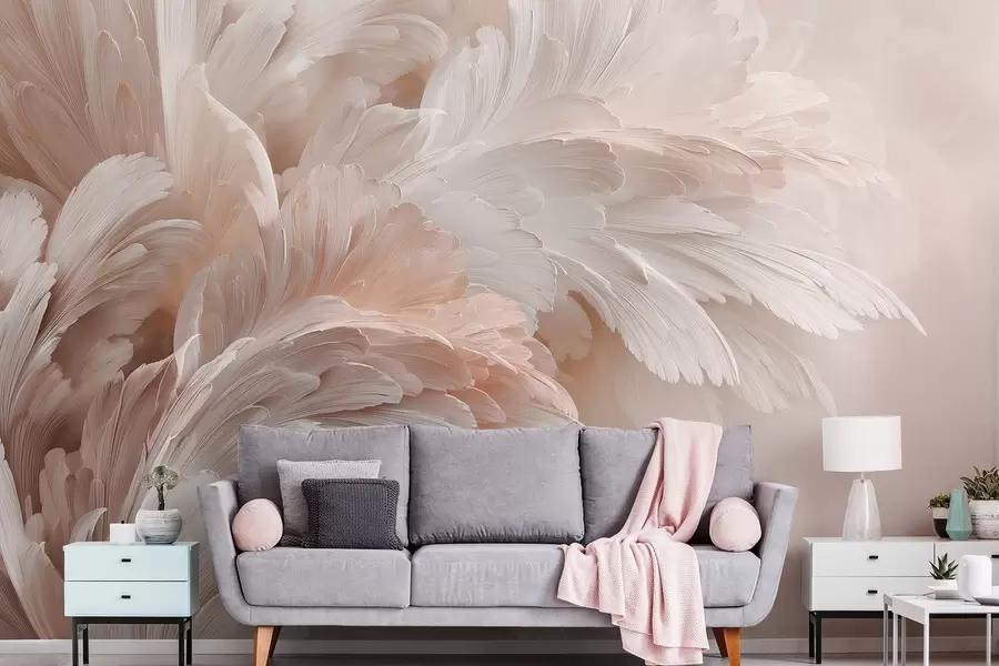murales Aireadas plumas y pétalos en tonos rosa crema w09301