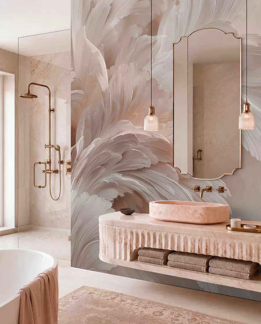 wall murals Airy feathers and petals in creamy pink shades w09301