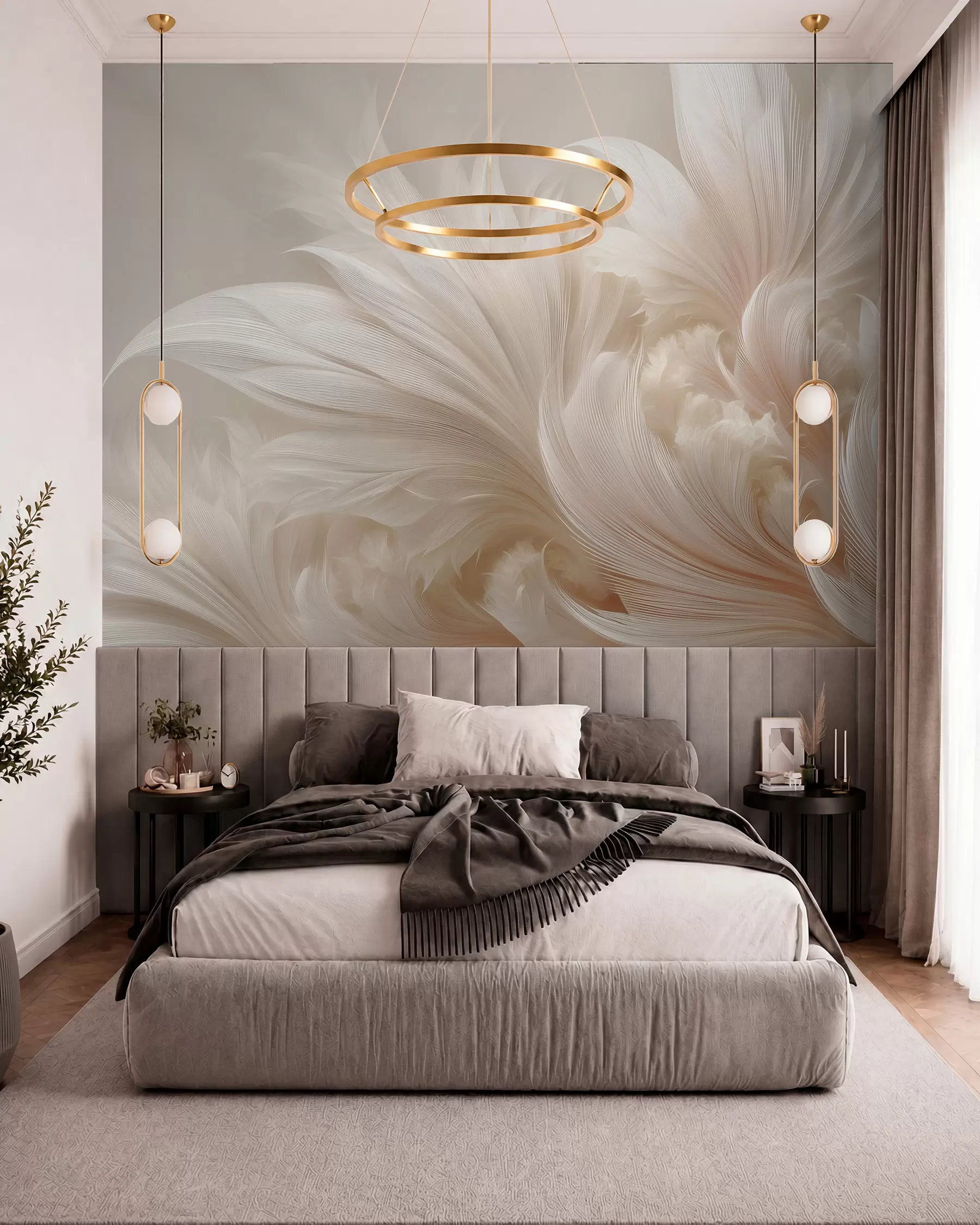 peintures murales Plumes en apesanteur dans les tons crème vanille w09302
