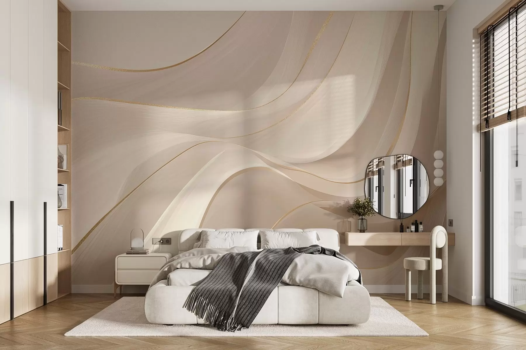 Wall Mural Photo Wallpaper Flowing waves with yellow accents in creamy light w09303