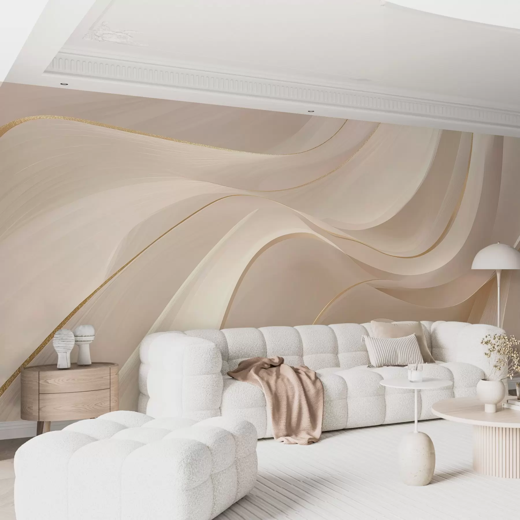 Wall Mural Photo Wallpaper Flowing waves with yellow accents in creamy light w09303