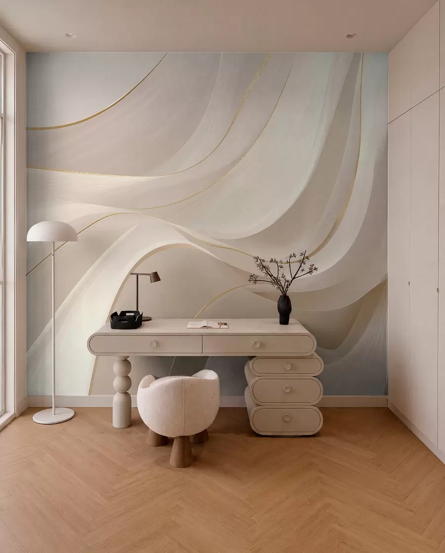 wall murals Flowing waves with yellow accents in creamy light w09303