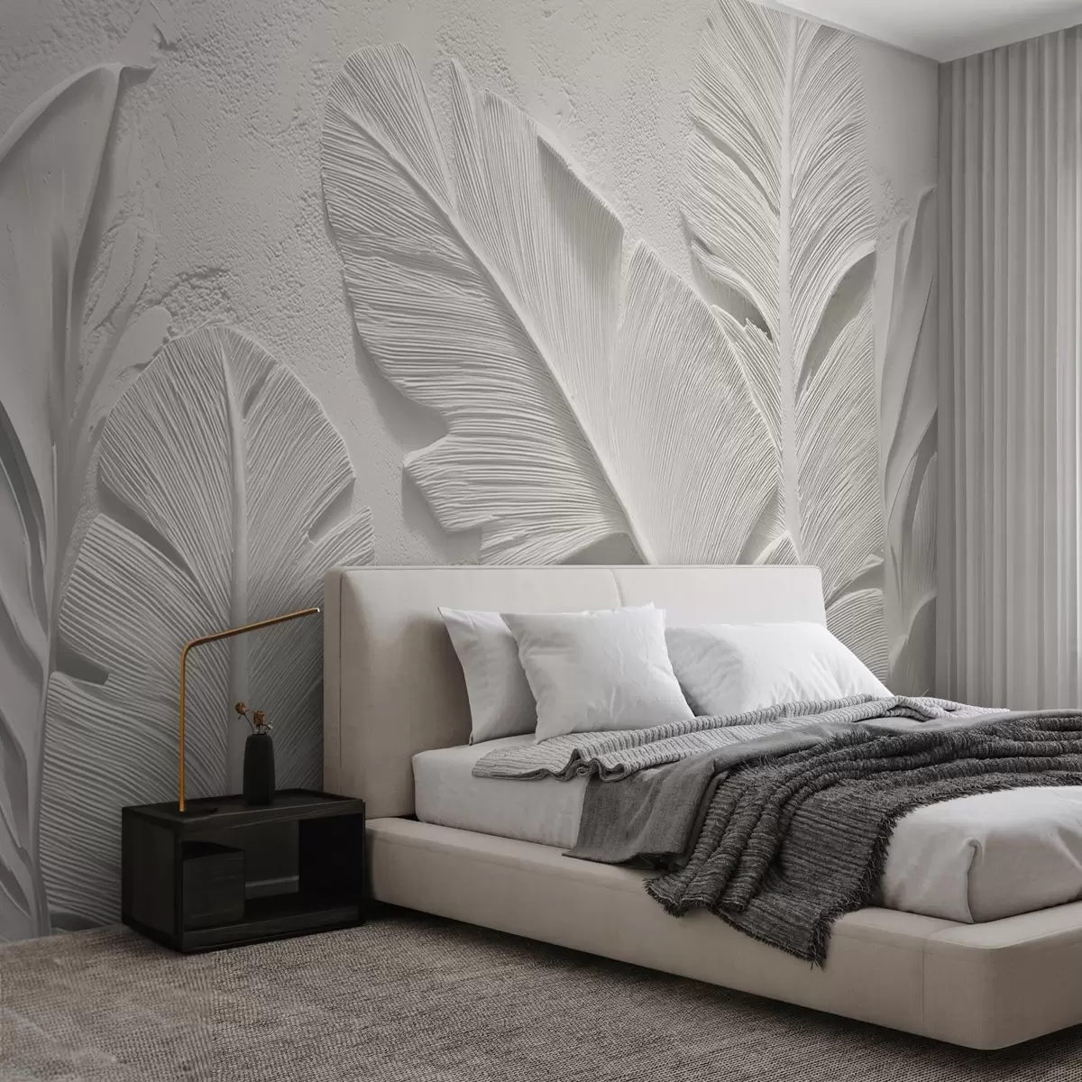 Wall Mural Photo Wallpaper Textured grey leaves on a background with faux plaster relief w09307