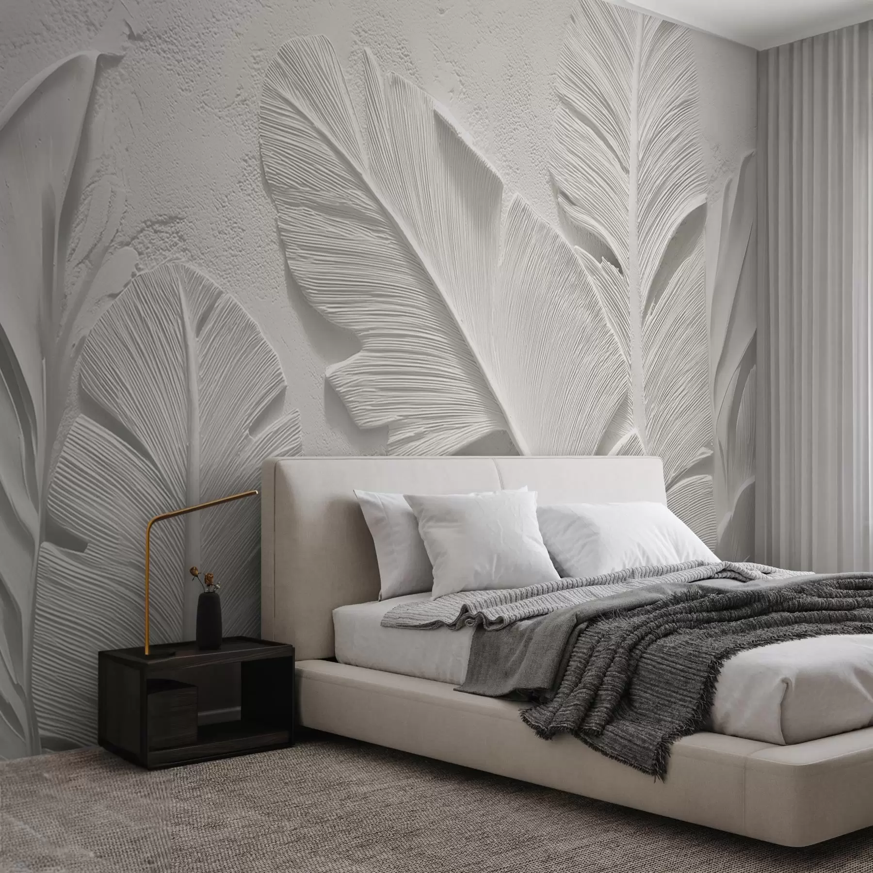 Wall Mural Photo Wallpaper Textured grey leaves on a background with faux plaster relief w09307