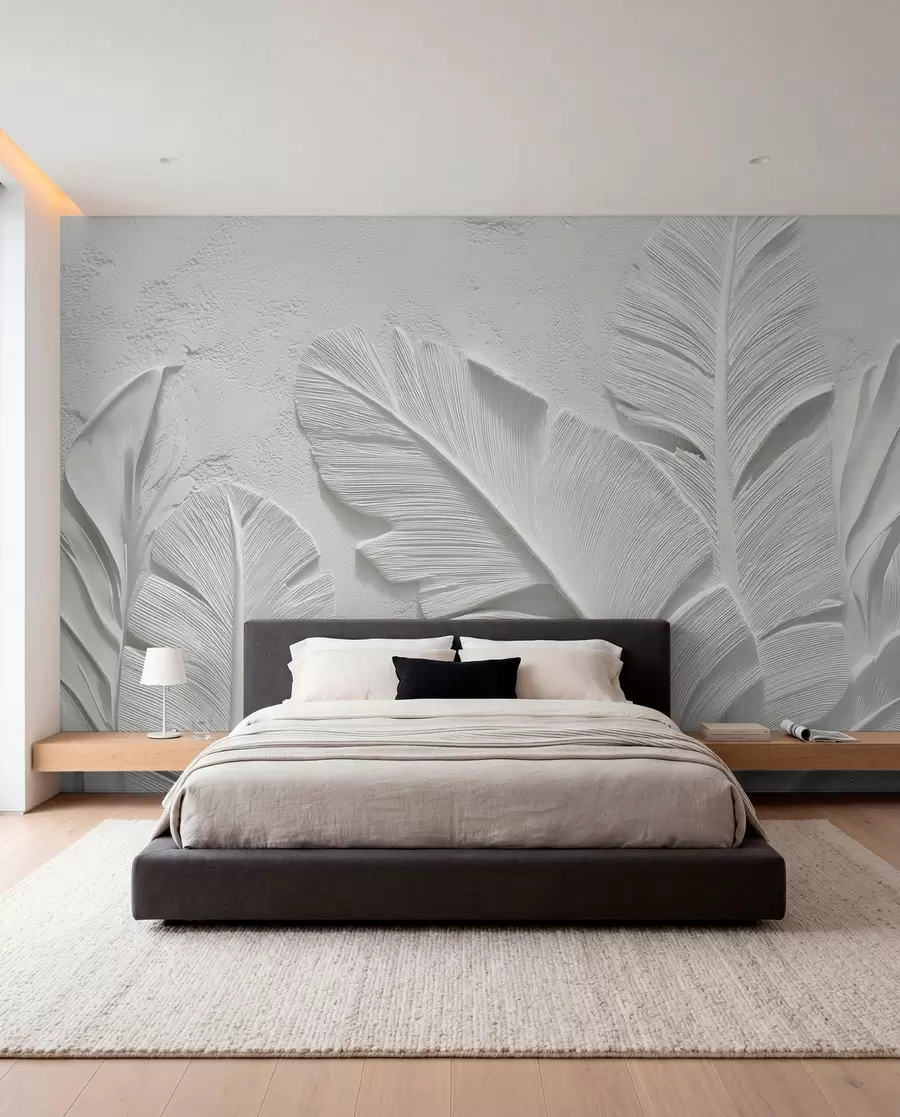 wall murals Textured grey leaves on a background with faux plaster relief w09307