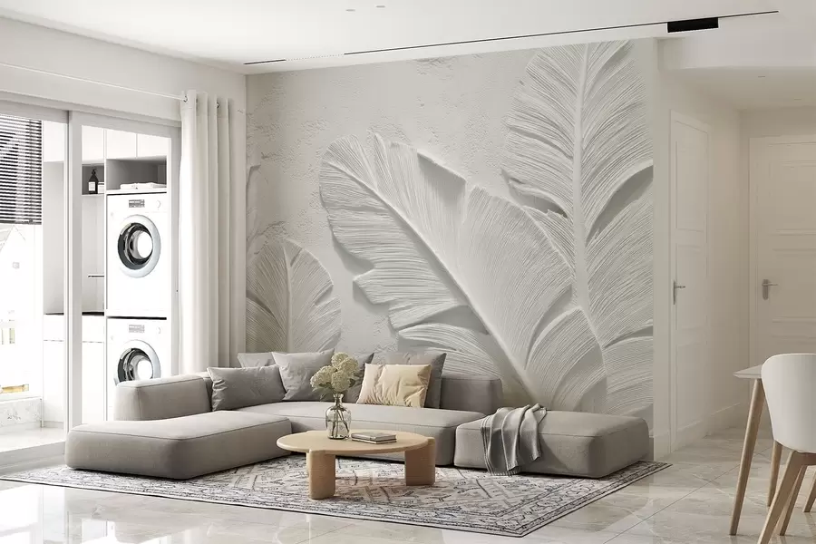 murales Hojas grises texturizadas sobre un fondo con relieve de yeso falso w09307