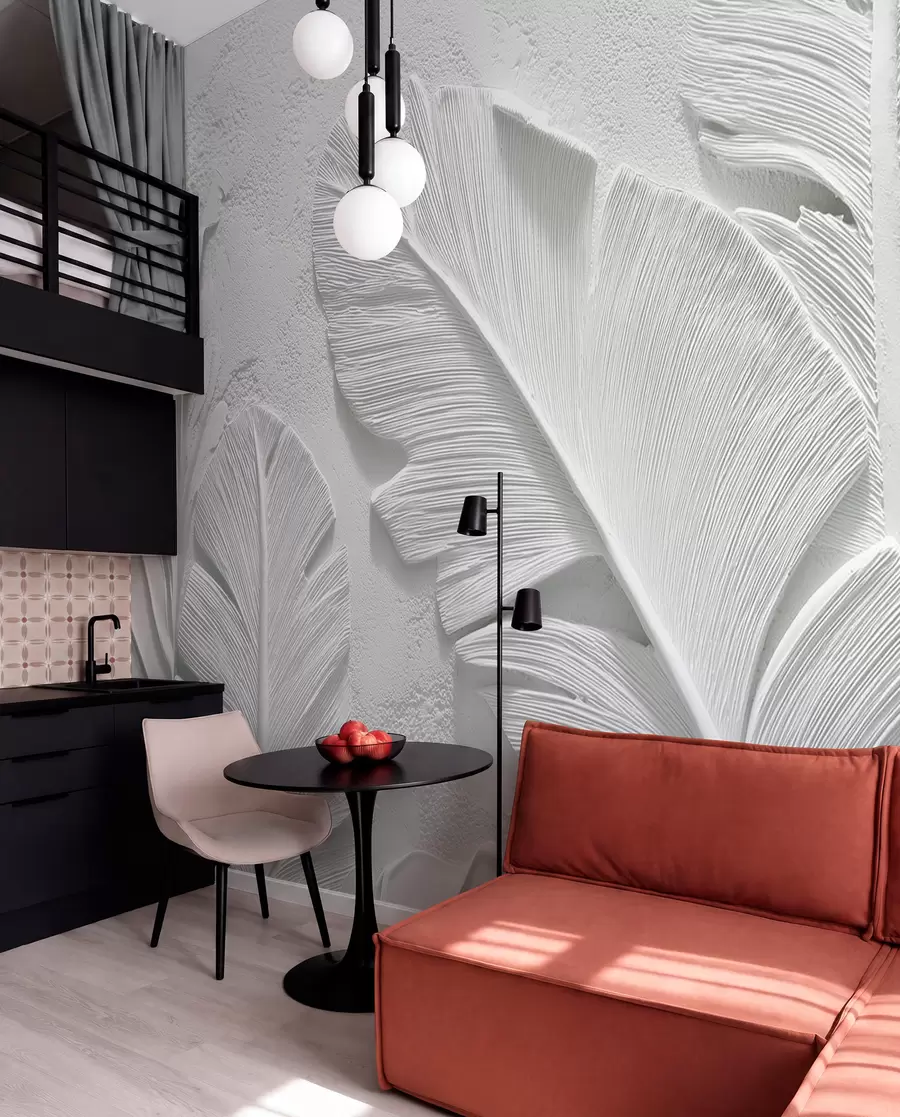 Wall Mural Photo Wallpaper Textured grey leaves on a background with faux plaster relief w09307