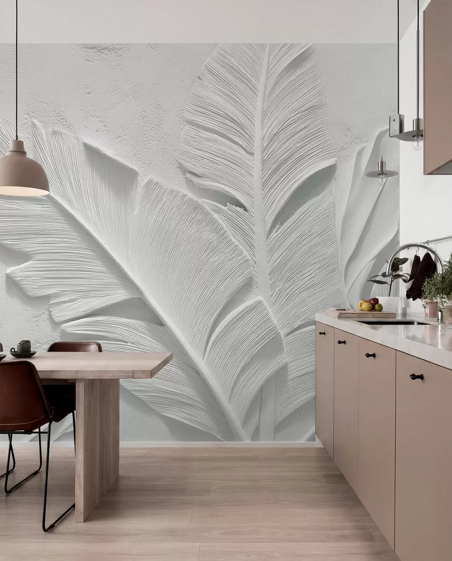 Wall Mural Photo Wallpaper Textured grey leaves on a background with faux plaster relief w09307