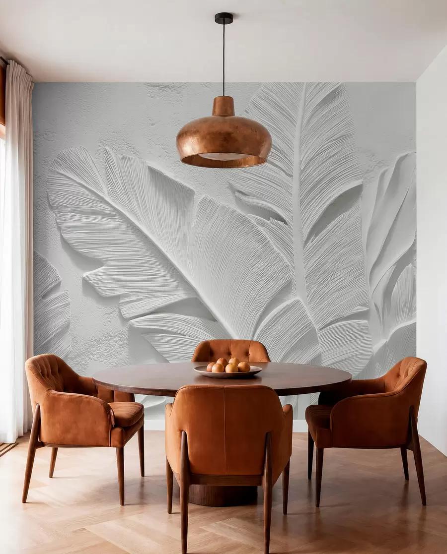 Wall Mural Photo Wallpaper Textured grey leaves on a background with faux plaster relief w09307