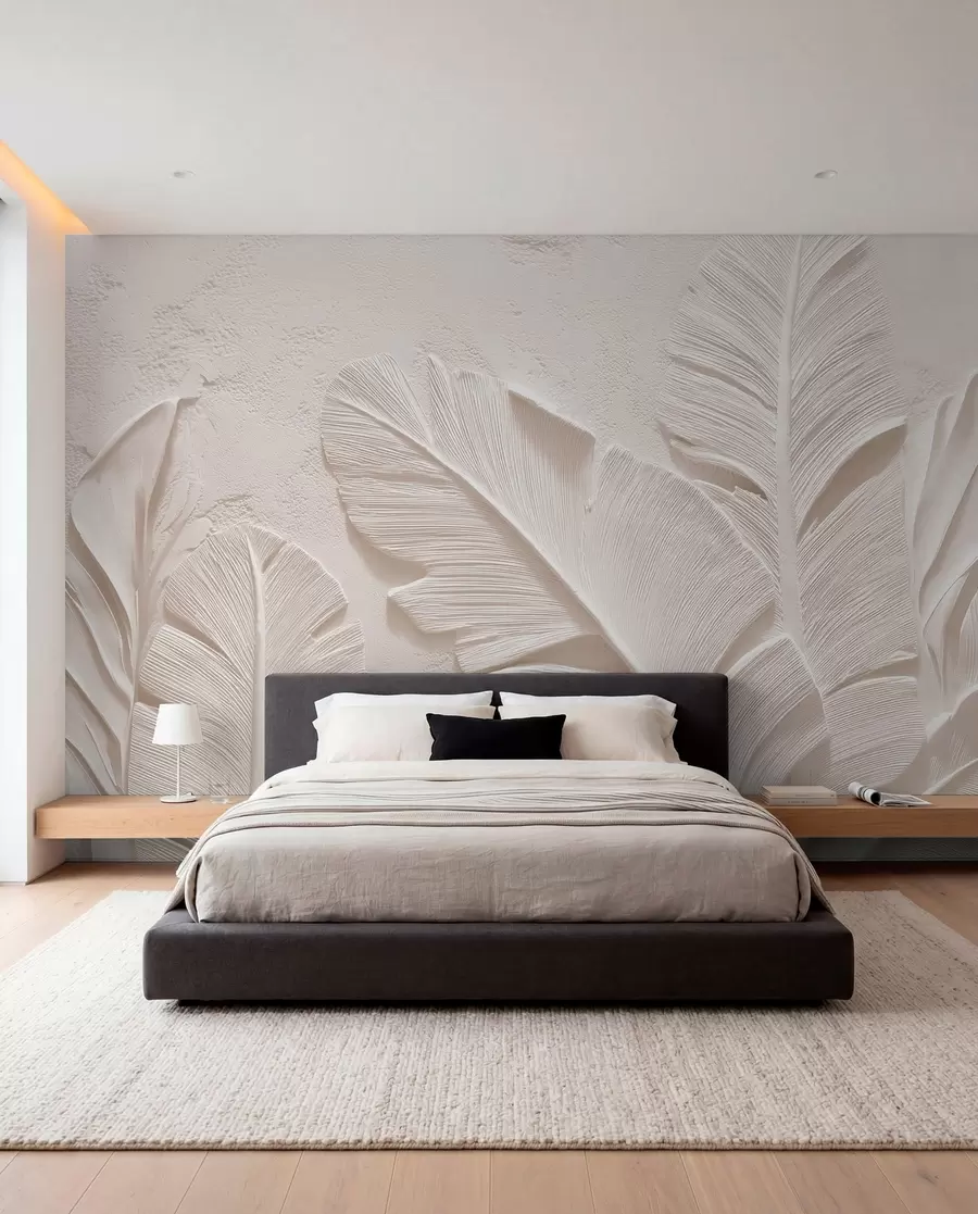 peintures murales Feuilles en relief dans des tons chauds beige-sable w09307v1