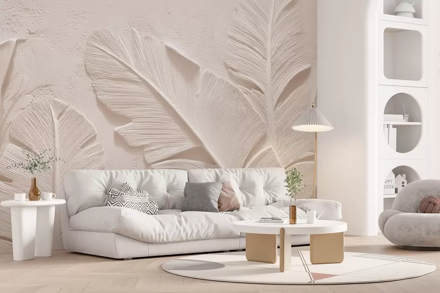 wall murals Relief leaves in warm beige-sand tones w09307v1