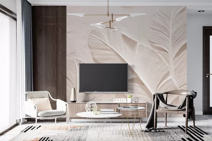 wall murals Relief leaves in warm beige-sand tones w09307v1