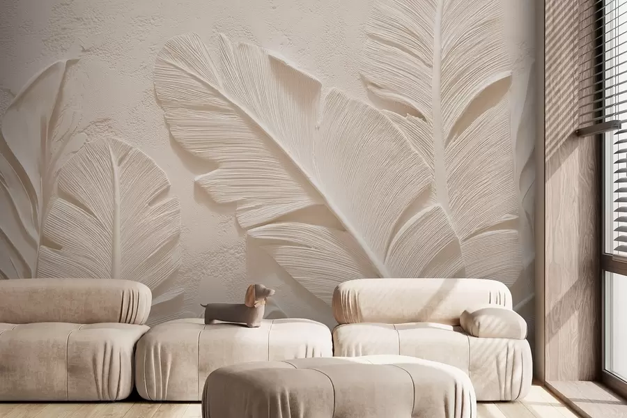 wall murals Relief leaves in warm beige-sand tones w09307v1