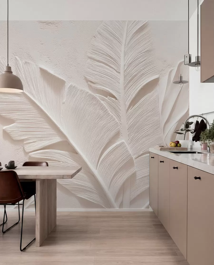 peintures murales Feuilles en relief dans des tons chauds beige-sable w09307v1