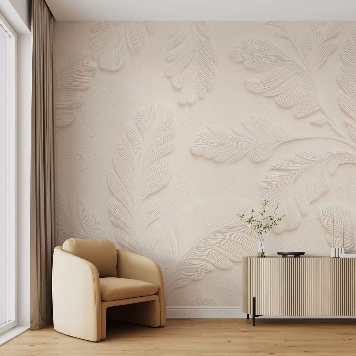 wall murals Embossed leaves on a light background with a cracked effect w09309