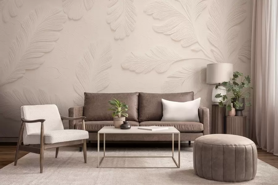 murales Hojas en relieve sobre fondo claro con efecto craquelado w09309