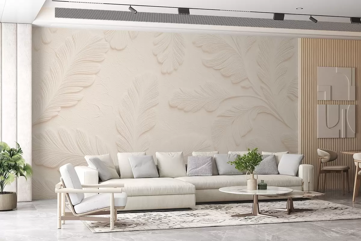 Wall Mural Photo Wallpaper Embossed leaves on a light background with a cracked effect w09309
