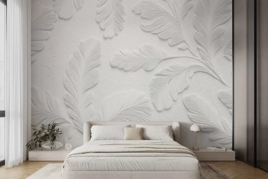 murales Hojas en relieve de color gris con efecto de textura agrietada w09309v1