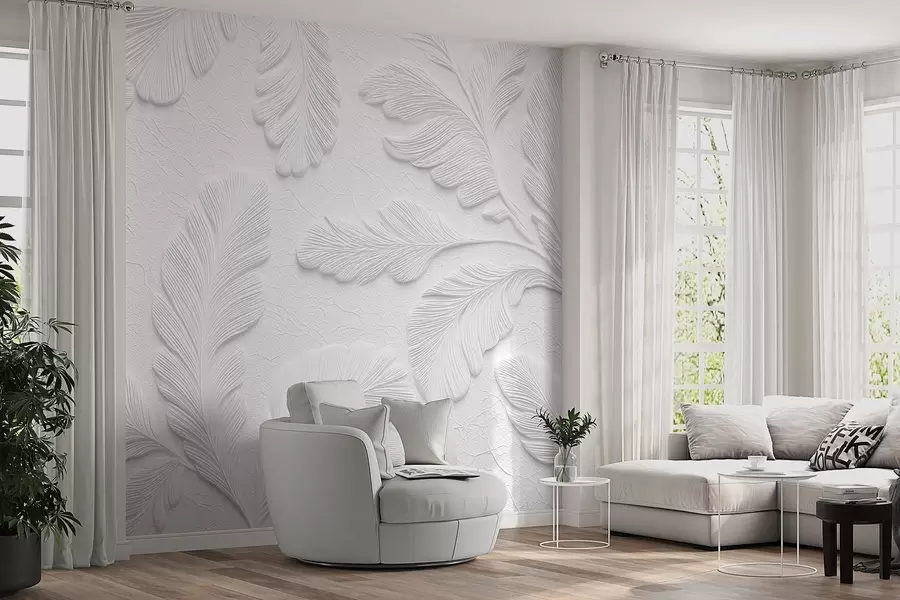 Wall Mural Photo Wallpaper Relief leaves in grey with a cracked texture effect w09309v1