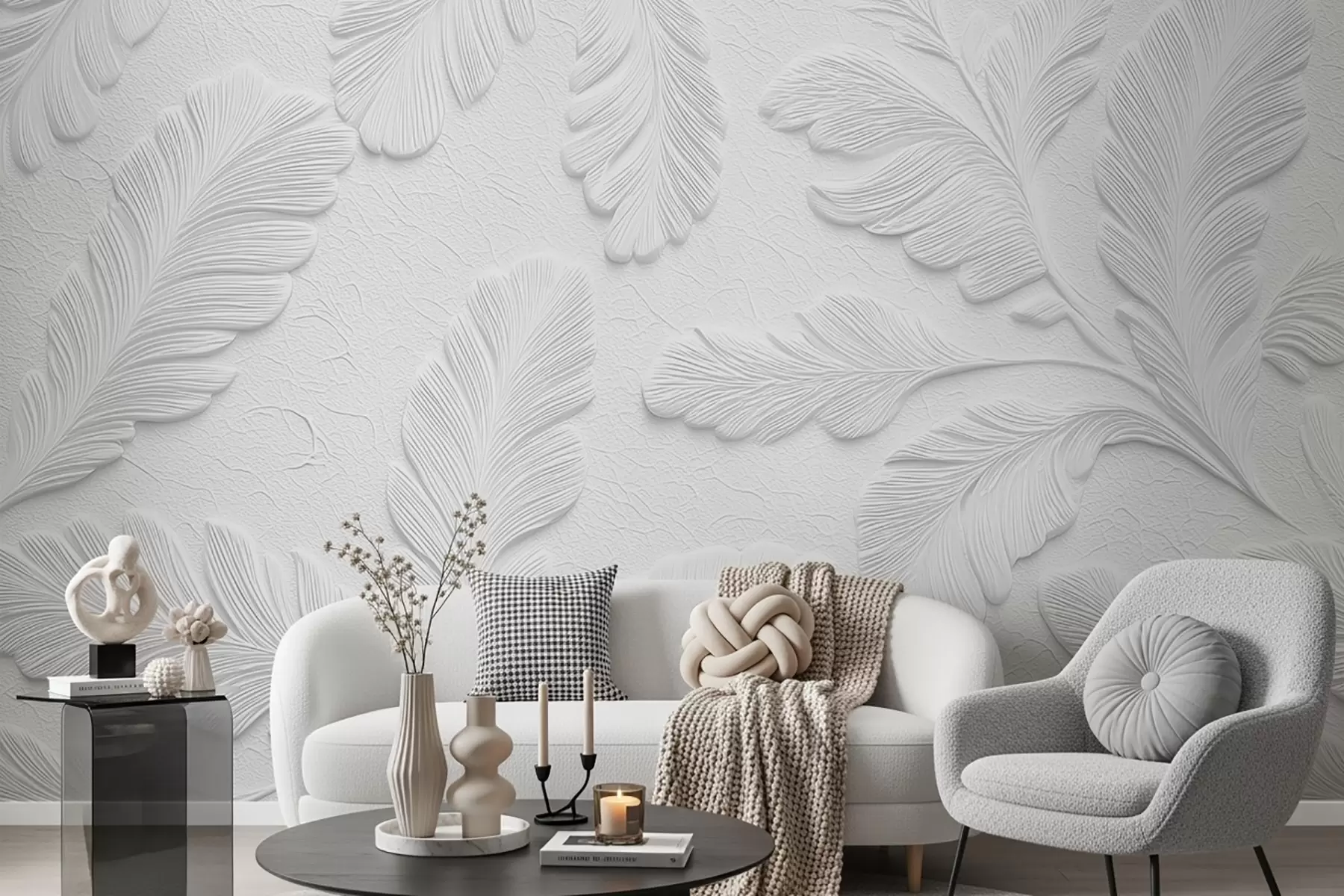wall murals Relief leaves in grey with a cracked texture effect w09309v1