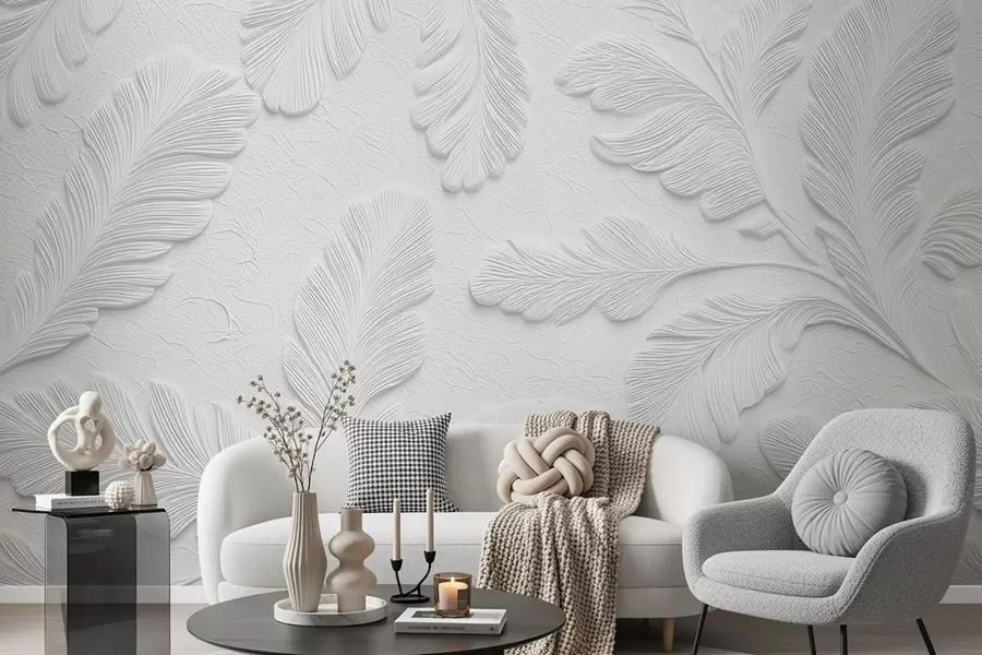 wall murals Relief leaves in grey with a cracked texture effect w09309v1