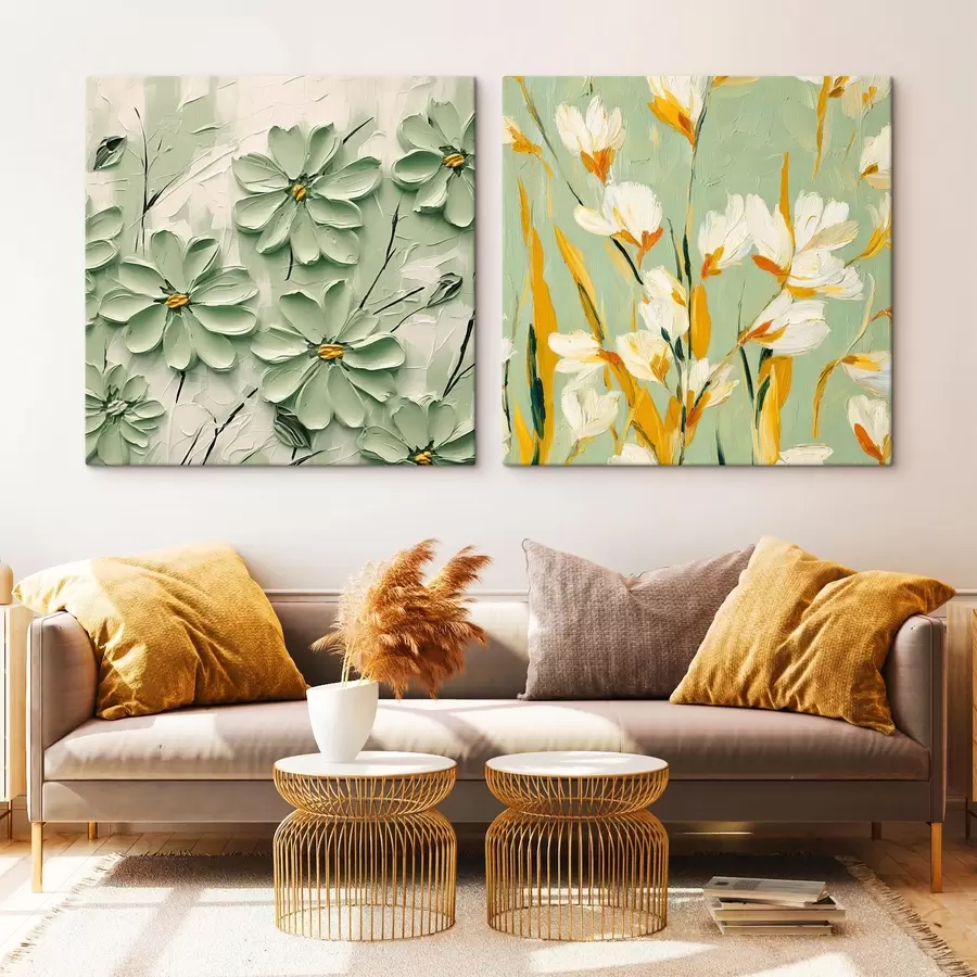 murales Pradera de flores: composición artística con flores volumétricas sobre fondo pastel m00567