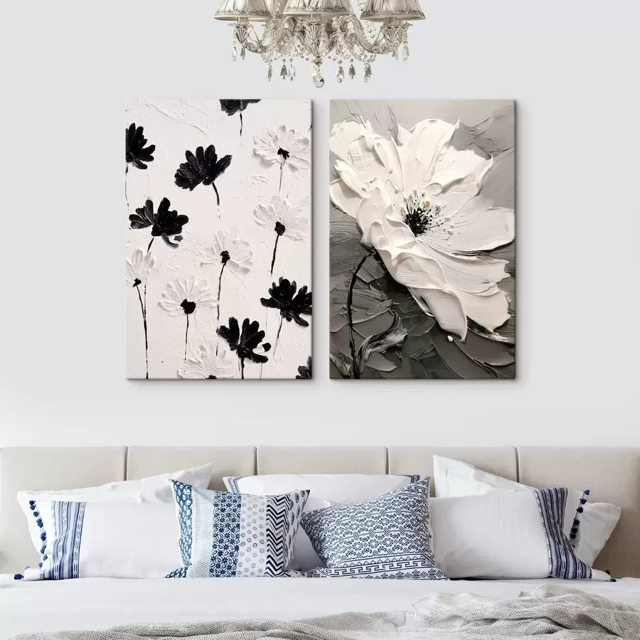 wall murals Diptych with white and black flowers in a modern style m00571
